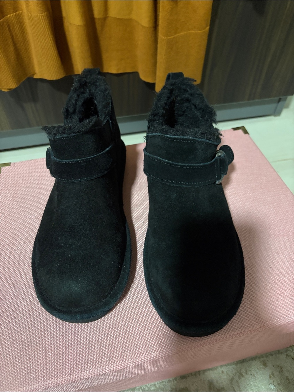 BearPaw Black Suede Faux-Fur Ankle Booties